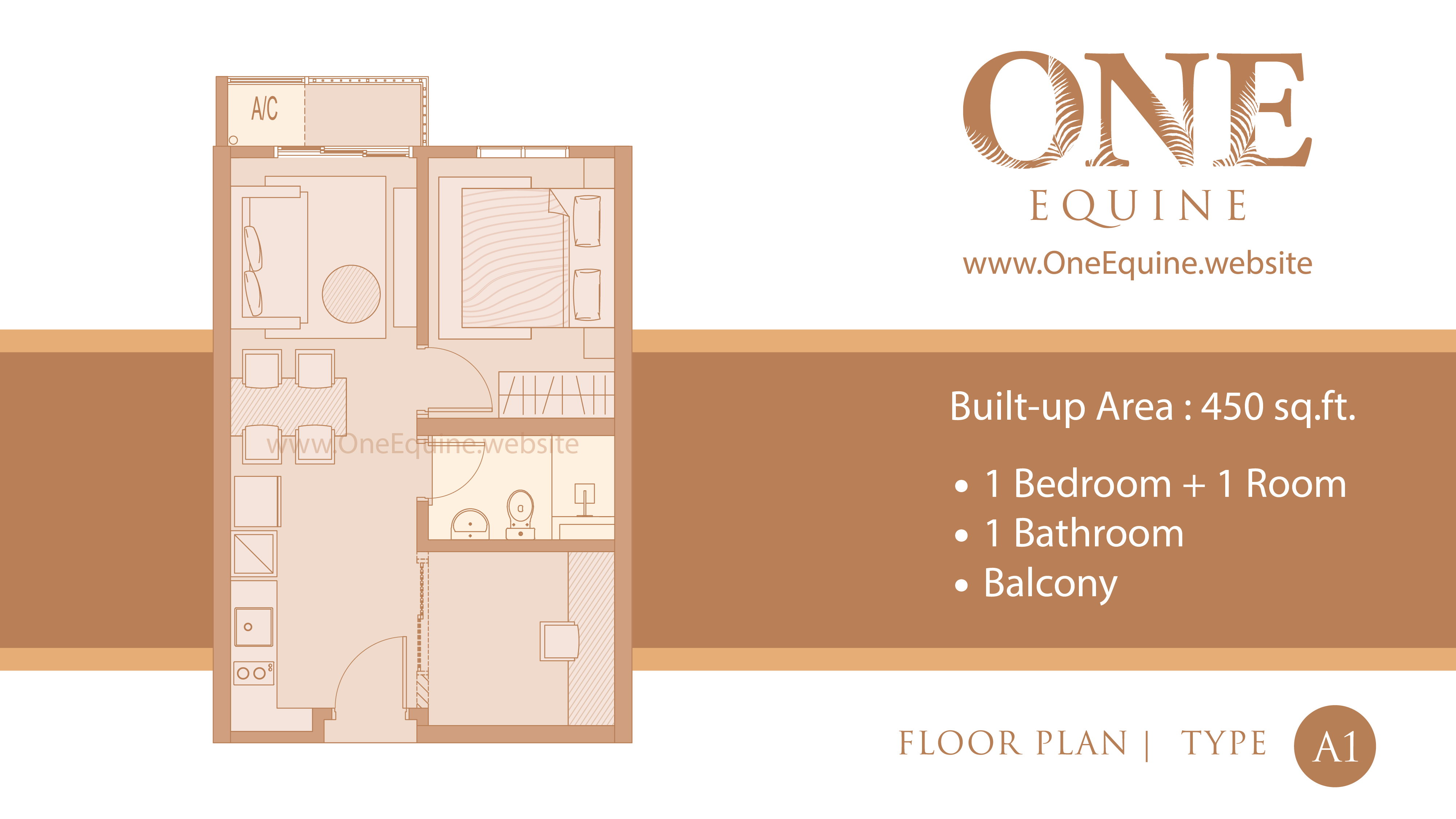 One Equine Park Seri Kembangan - SOHO 1 Bedroom 1 Room 1 Bathroom Balcony - Floor Plan Type A1 - 450 sqft