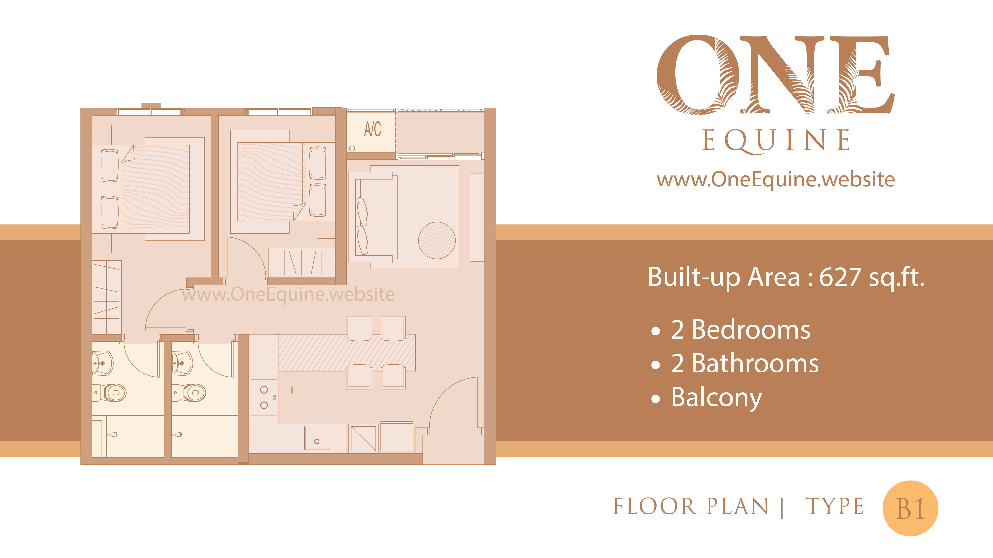 One Equine Park Seri Kembangan - Serviced Apartment 2 Bedrooms 2 Bathrooms Balcony - Floor Plan Type B1 - 627 sqft