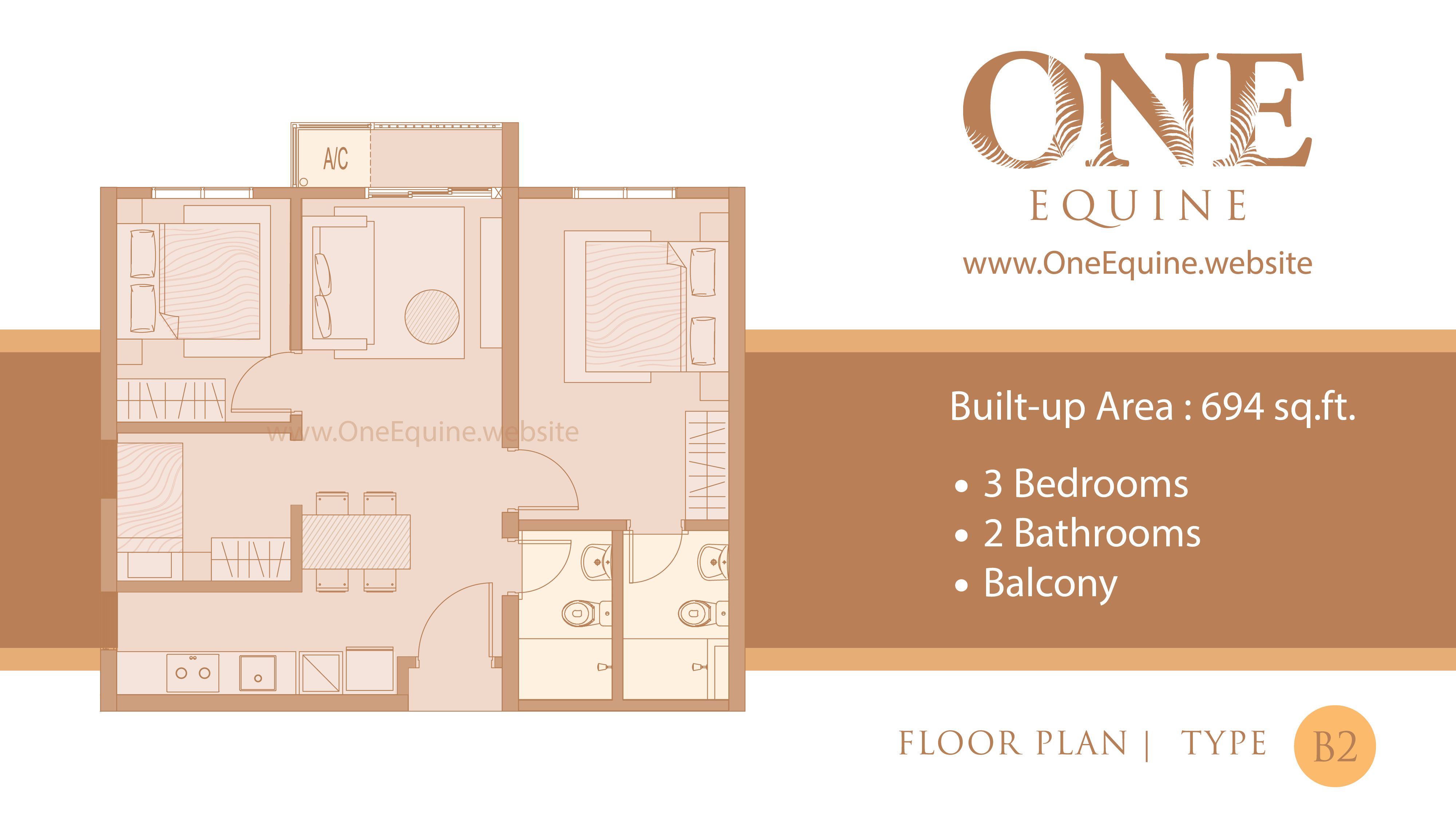 One Equine Park Seri Kembangan - Serviced Apartment 3 Bedrooms 2 Bathrooms Balcony - Floor Plan Type B2 - 694 sqft