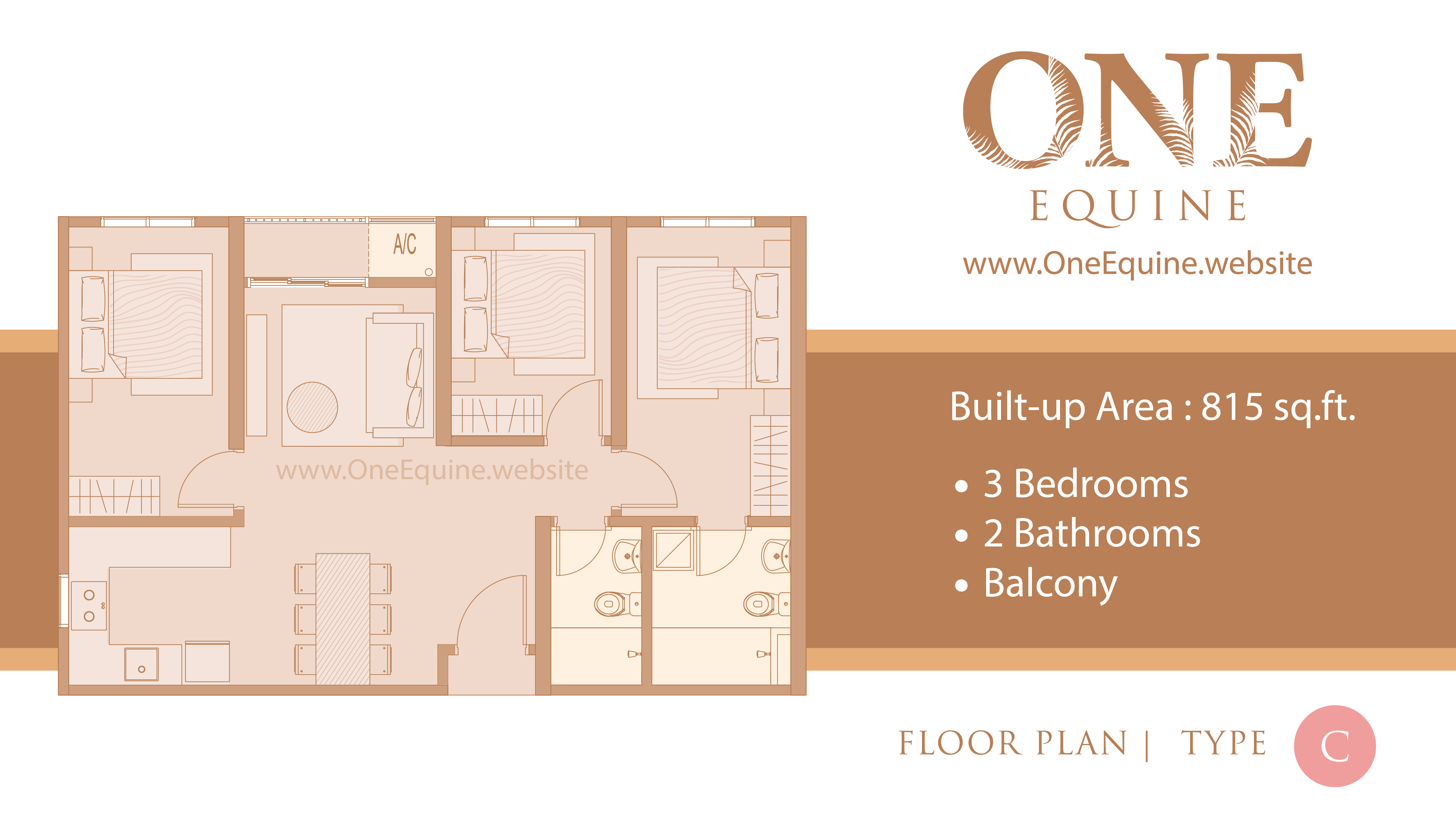 One Equine Park Seri Kembangan - Serviced Apartment 3 Bedrooms 2 Bathrooms Balcony - Floor Plan Type C - 815 sqft