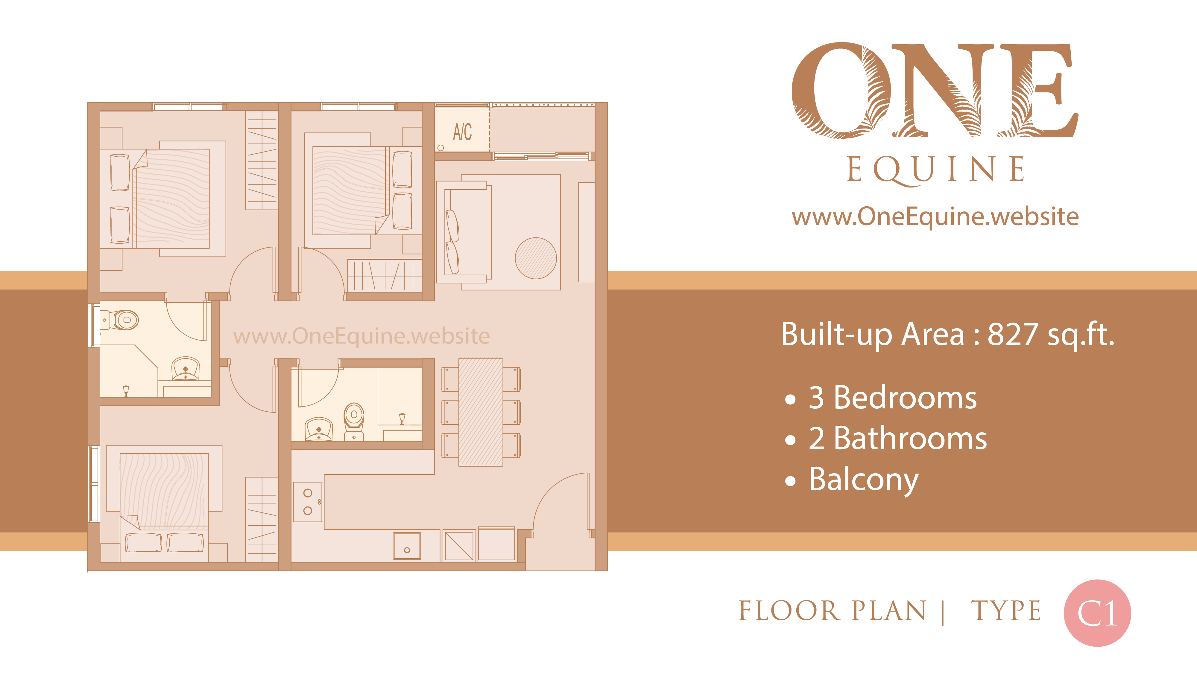 One Equine Park Seri Kembangan - Serviced Apartment 3 Bedrooms 2 Bathrooms Balcony - Floor Plan Type C1 - 827 sqft