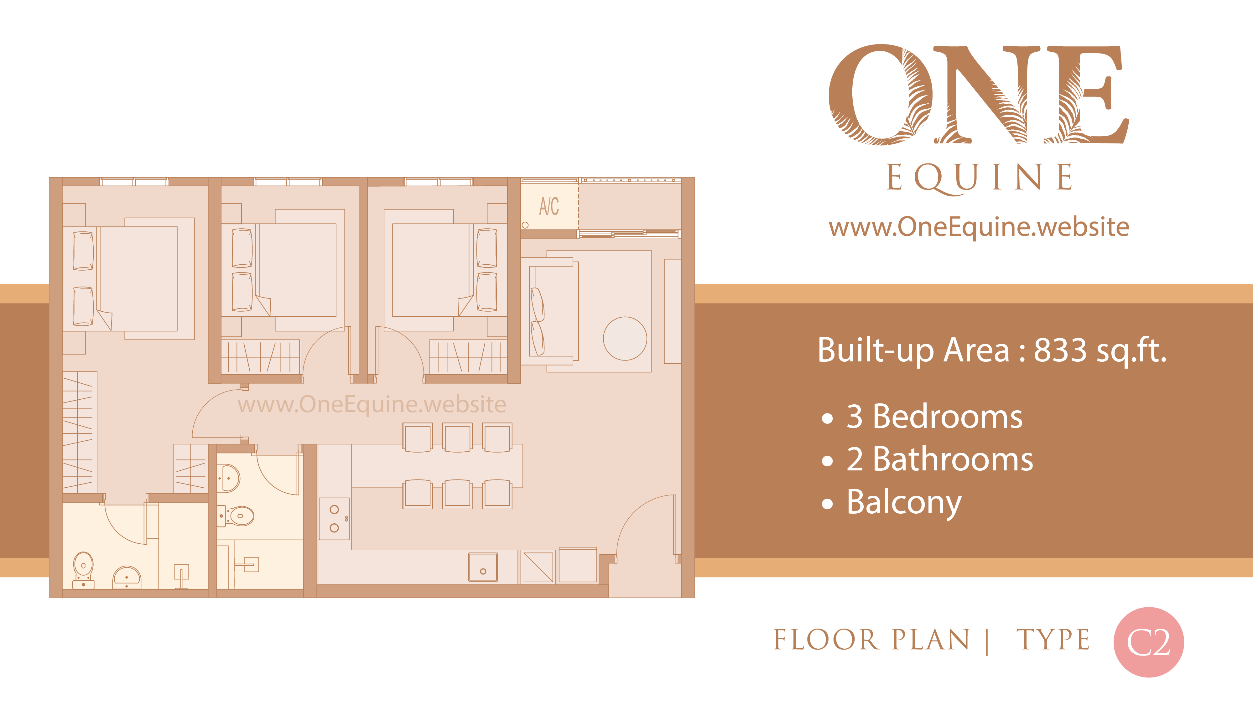 One Equine Park Seri Kembangan - Serviced Apartment 3 Bedrooms 2 Bathrooms Balcony - Floor Plan Type C2 - 833 sqft