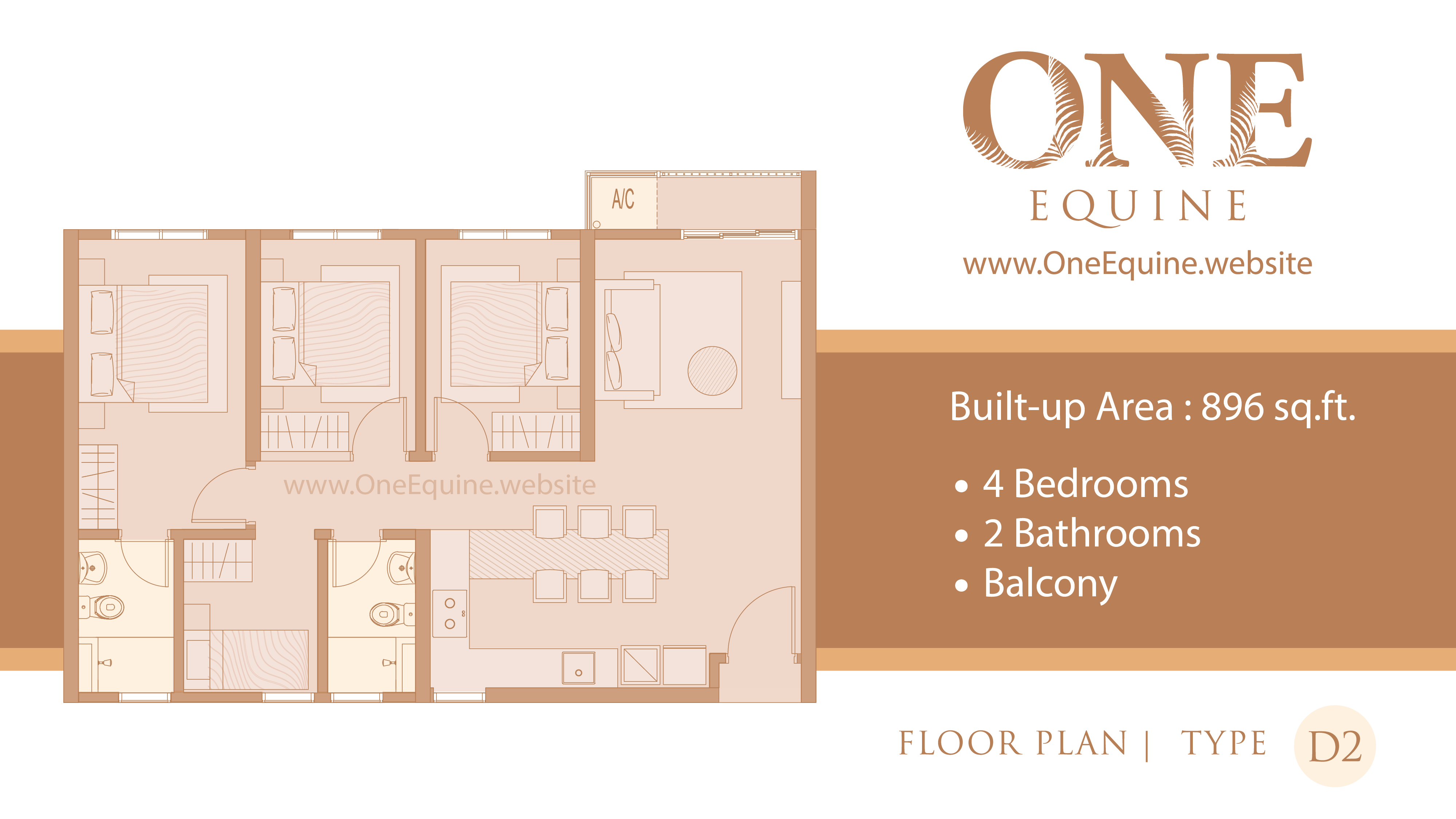 One Equine Park Seri Kembangan - Serviced Apartment 4 Bedrooms 2 Bathrooms Balcony - Floor Plan Type D2 - 896 sqft