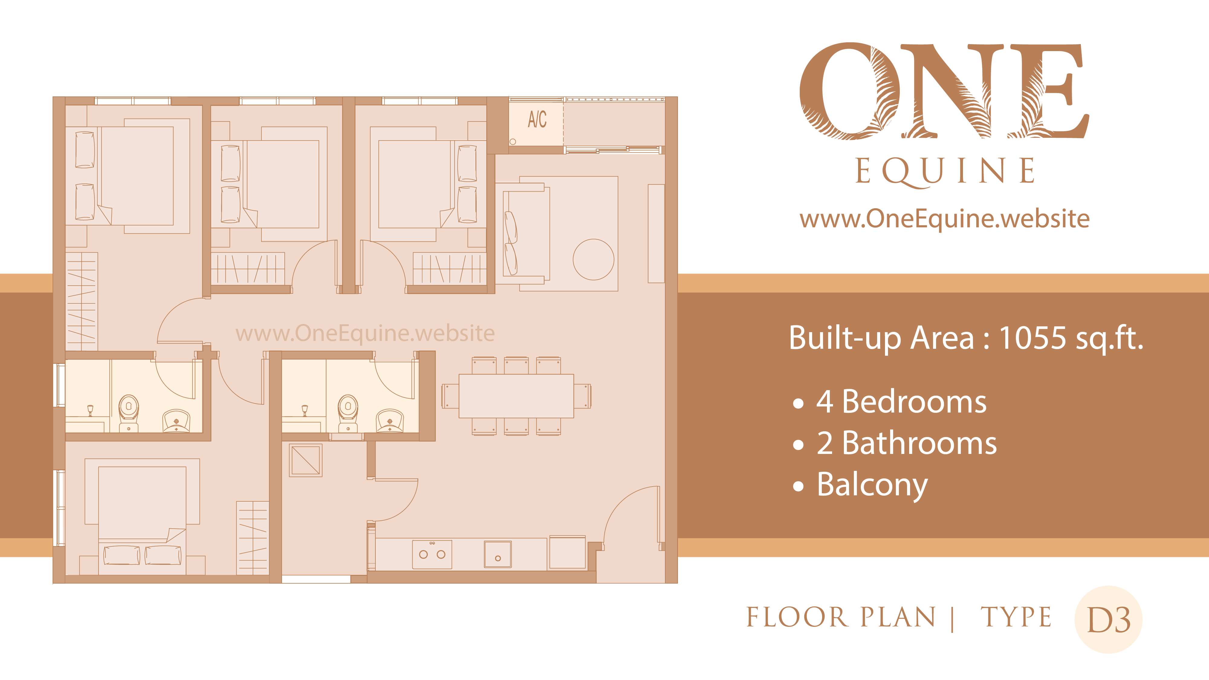 One Equine Park Seri Kembangan - Serviced Apartment 4 Bedrooms 2 Bathrooms Balcony - Floor Plan Type D3 - 1055 sqft